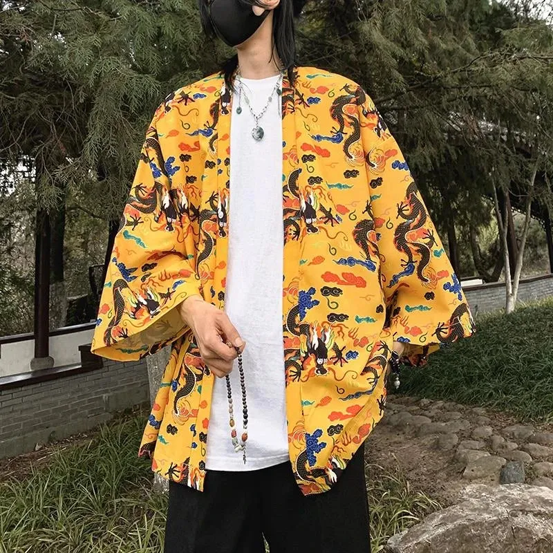 WIAOFELLAS  -  Japanese Style Men's Lightweight Kimono Jacket Dragon Print Kimono Cardigan New Arrival Street Shirt Harajuku Kimono Couple Tops