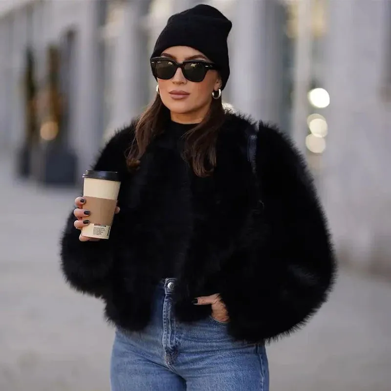 Women's Fluffy Short Fashion Designer Cropped Faux Fur Jackets